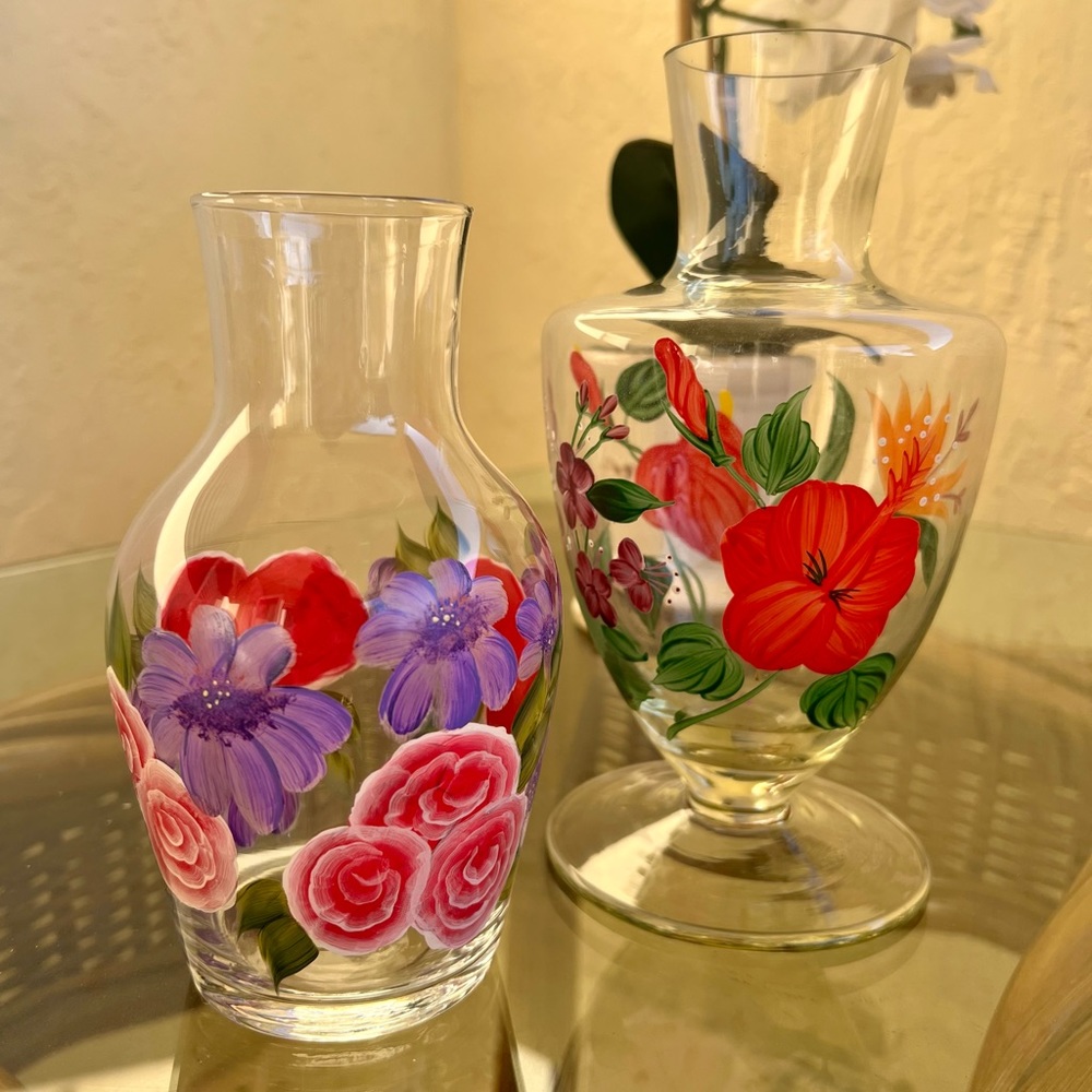 Vintage Hand Painted Floral Clear Glass Vases (Pair)
